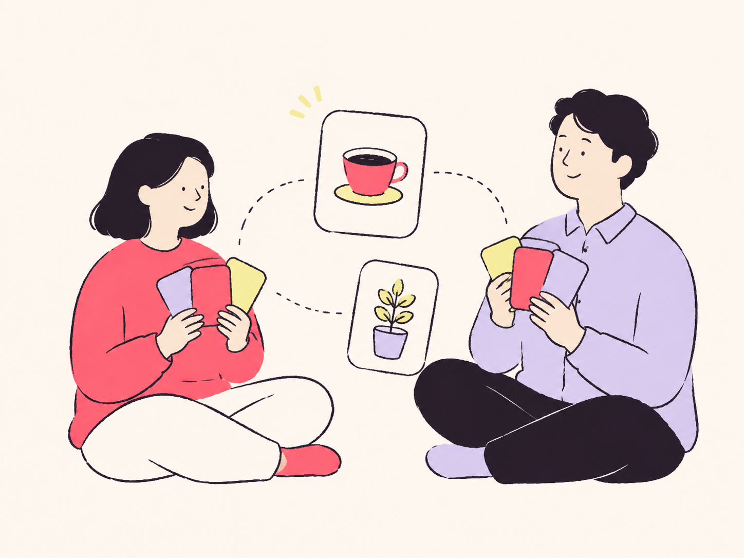 共通の好きなものを見つける2人の手描きイラスト