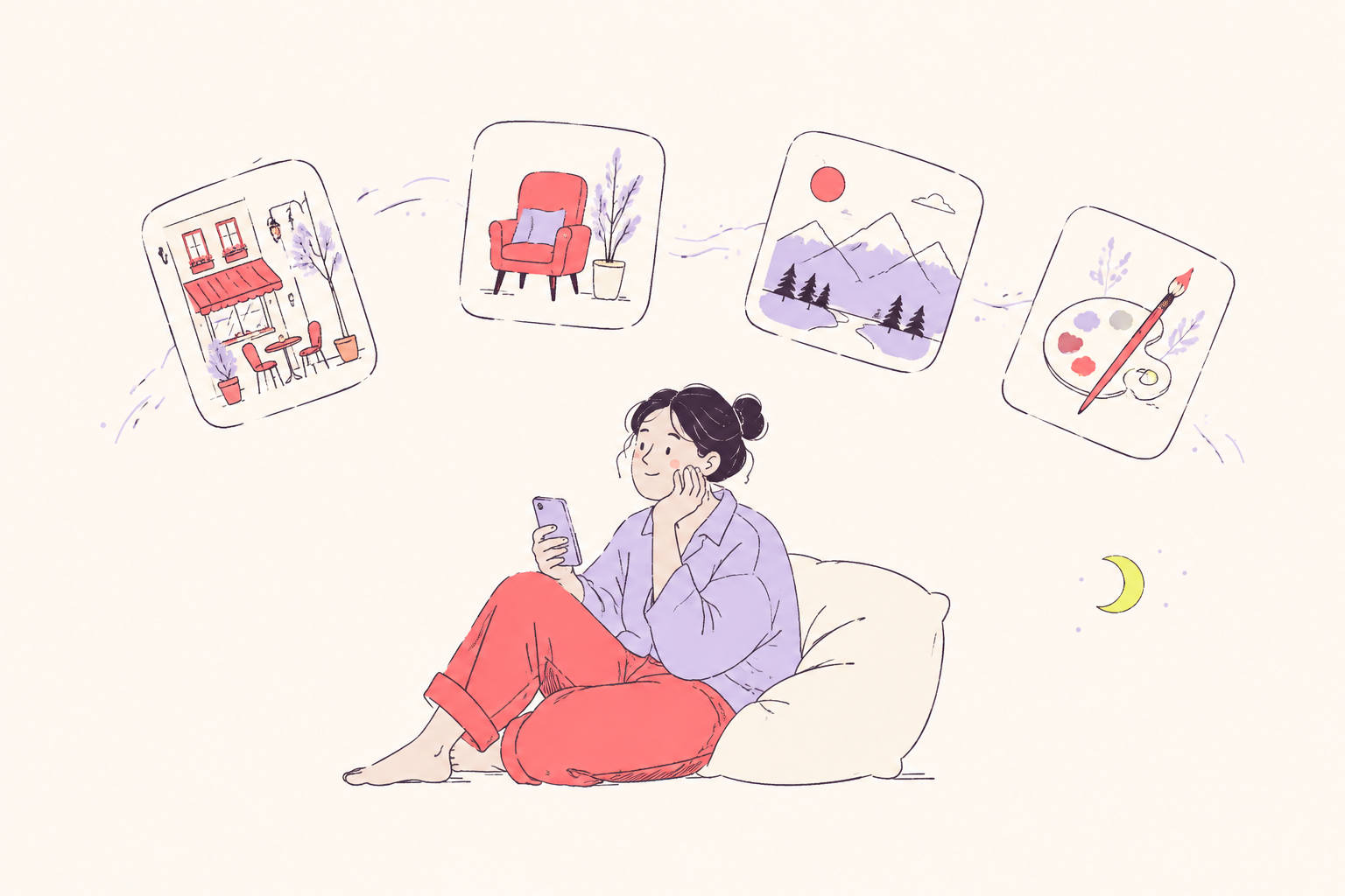 スマホを眺める人の周りを、行きたい街や欲しい椅子、旅先や趣味のカードが流れていくイラスト